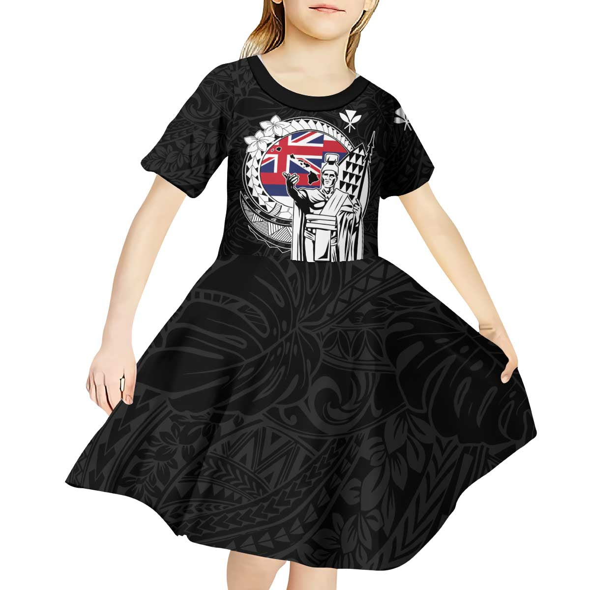 Personalized Hawaii King Kamehameha Kid Short Sleeve Dress Flag Polynesian Pattern