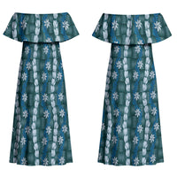 Pikake Maile Tiare Lei Couples Matching Off Shoulder Maxi Dress and Long Sleeve Button Shirt Polu Lauhala Pattern LT01 - Polynesian Pride