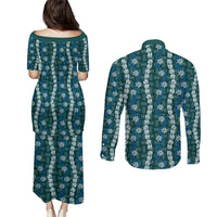 Pikake Maile Tiare Lei Couples Matching Puletasi and Long Sleeve Button Shirt Polu Lauhala Pattern