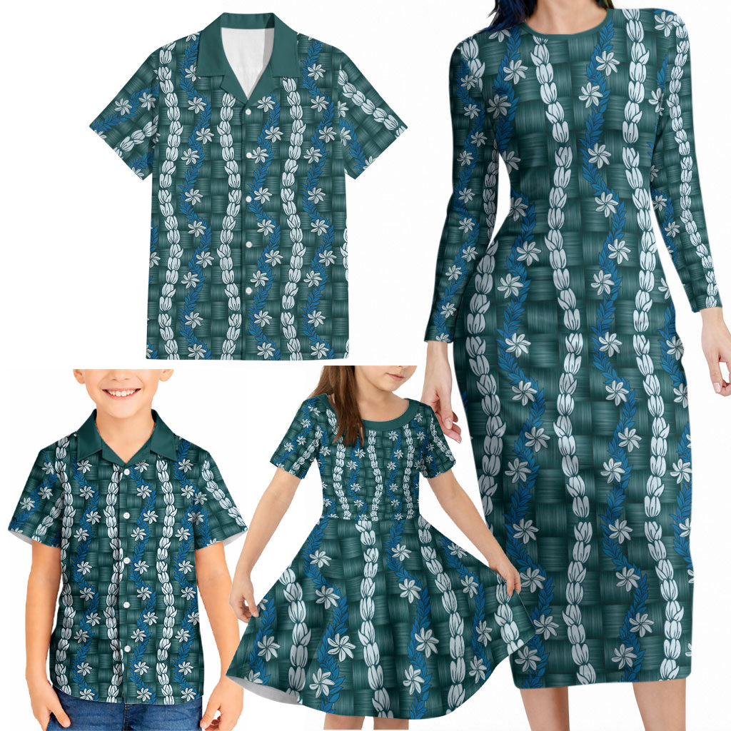Pikake Maile Tiare Lei Family Matching Long Sleeve Bodycon Dress and Hawaiian Shirt Polu Lauhala Pattern LT01 - Polynesian Pride