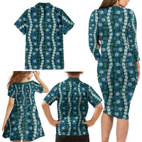 Pikake Maile Tiare Lei Family Matching Long Sleeve Bodycon Dress and Hawaiian Shirt Polu Lauhala Pattern