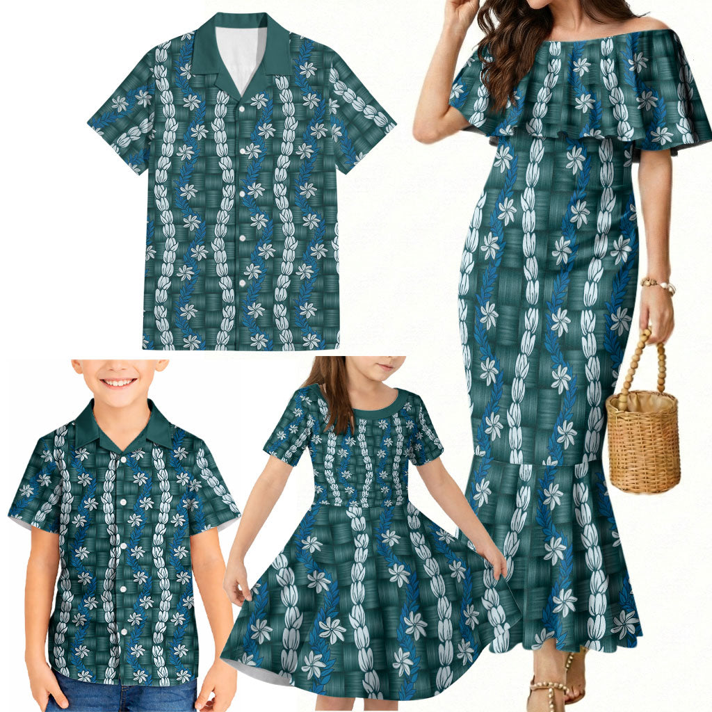 Pikake Maile Tiare Lei Family Matching Mermaid Dress and Hawaiian Shirt Polu Lauhala Pattern LT01 - Polynesian Pride