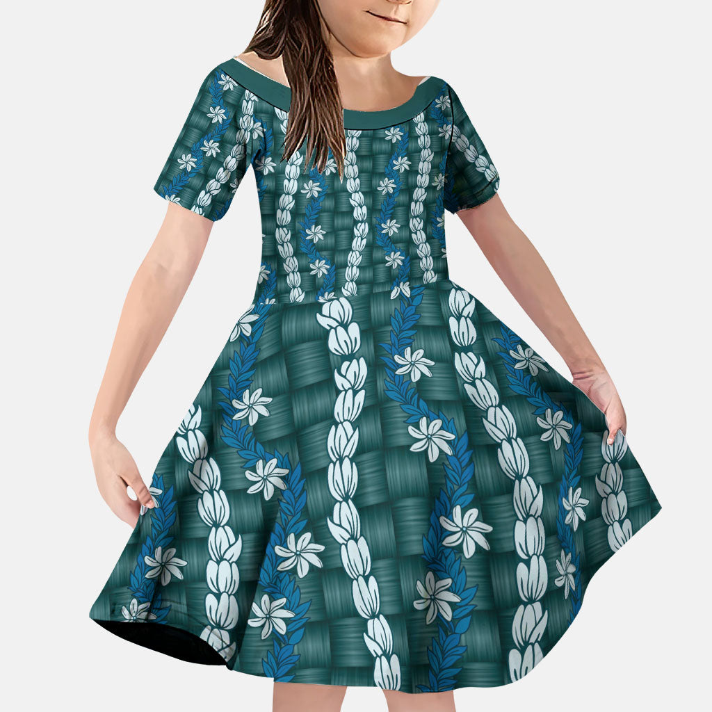 Pikake Maile Tiare Lei Family Matching Off The Shoulder Long Sleeve Dress and Hawaiian Shirt Polu Lauhala Pattern LT01 Daughter's Dress Blue - Polynesian Pride