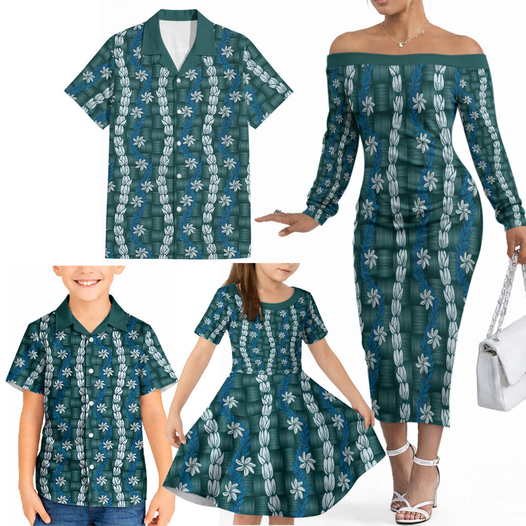 Pikake Maile Tiare Lei Family Matching Off The Shoulder Long Sleeve Dress and Hawaiian Shirt Polu Lauhala Pattern LT01 - Polynesian Pride
