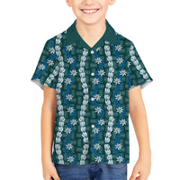 Pikake Maile Tiare Lei Family Matching Off The Shoulder Long Sleeve Dress and Hawaiian Shirt Polu Lauhala Pattern LT01 Son's Shirt Blue - Polynesian Pride