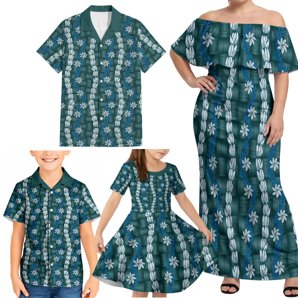 Pikake Maile Tiare Lei Family Matching Off Shoulder Maxi Dress and Hawaiian Shirt Polu Lauhala Pattern LT01 - Polynesian Pride