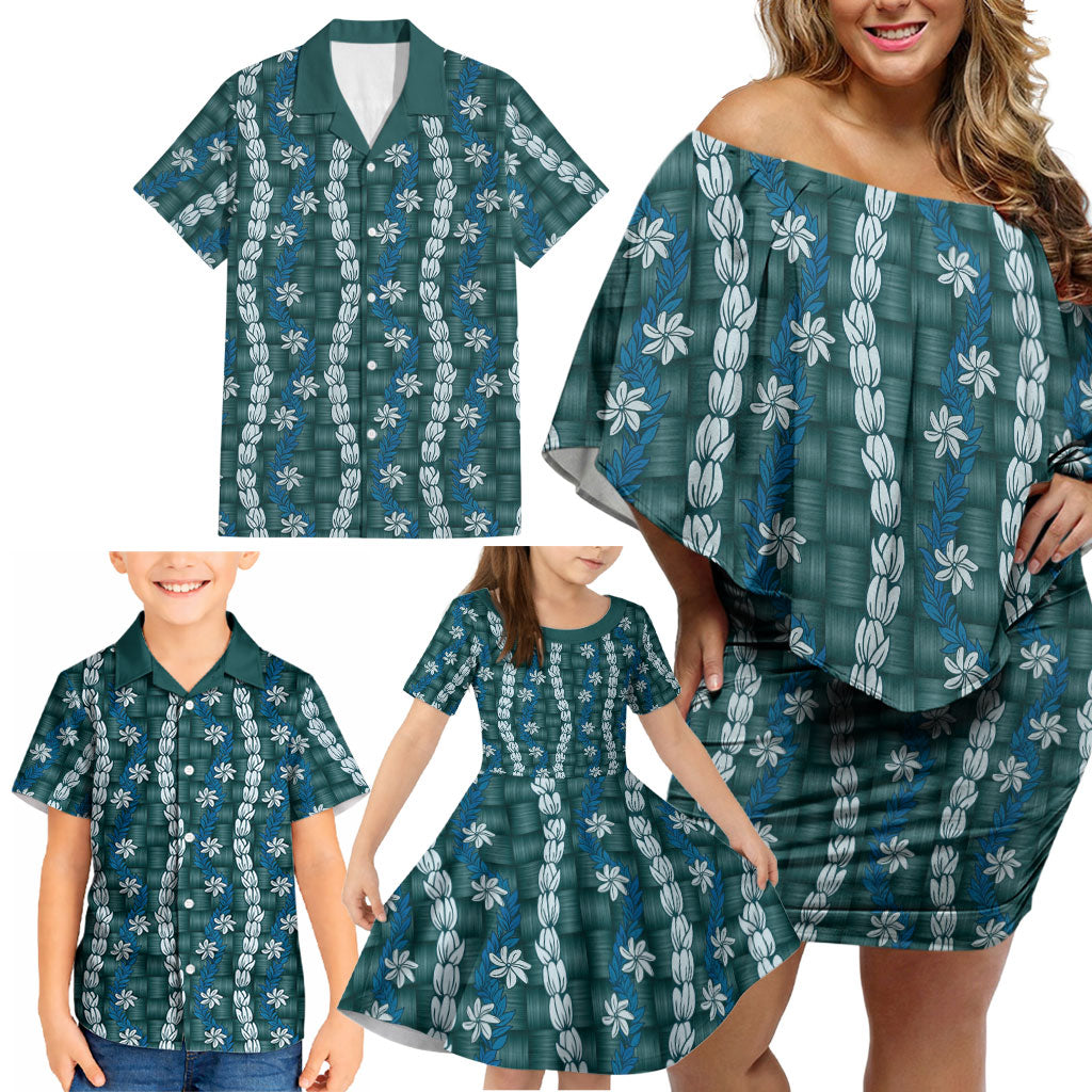 Pikake Maile Tiare Lei Family Matching Off Shoulder Short Dress and Hawaiian Shirt Polu Lauhala Pattern LT01 - Polynesian Pride