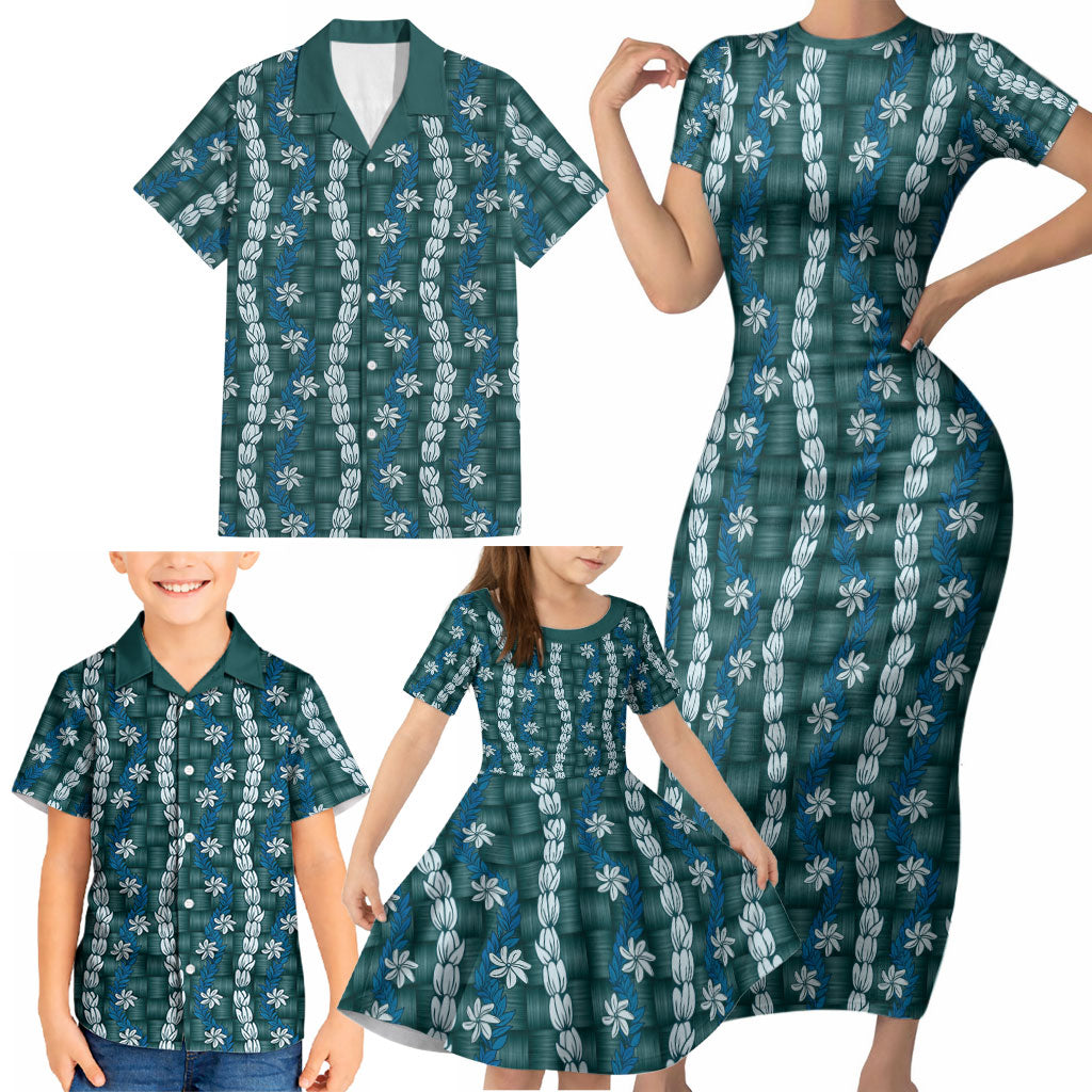 Pikake Maile Tiare Lei Family Matching Short Sleeve Bodycon Dress and Hawaiian Shirt Polu Lauhala Pattern LT01 - Polynesian Pride