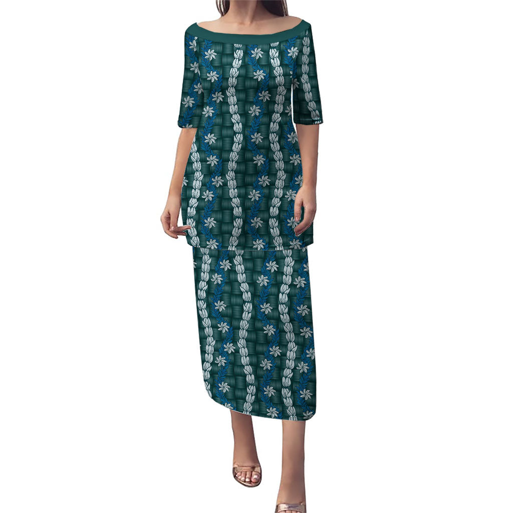 Pikake Maile Tiare Lei Puletasi Polu Lauhala Pattern LT01 Long Dress Blue - Polynesian Pride