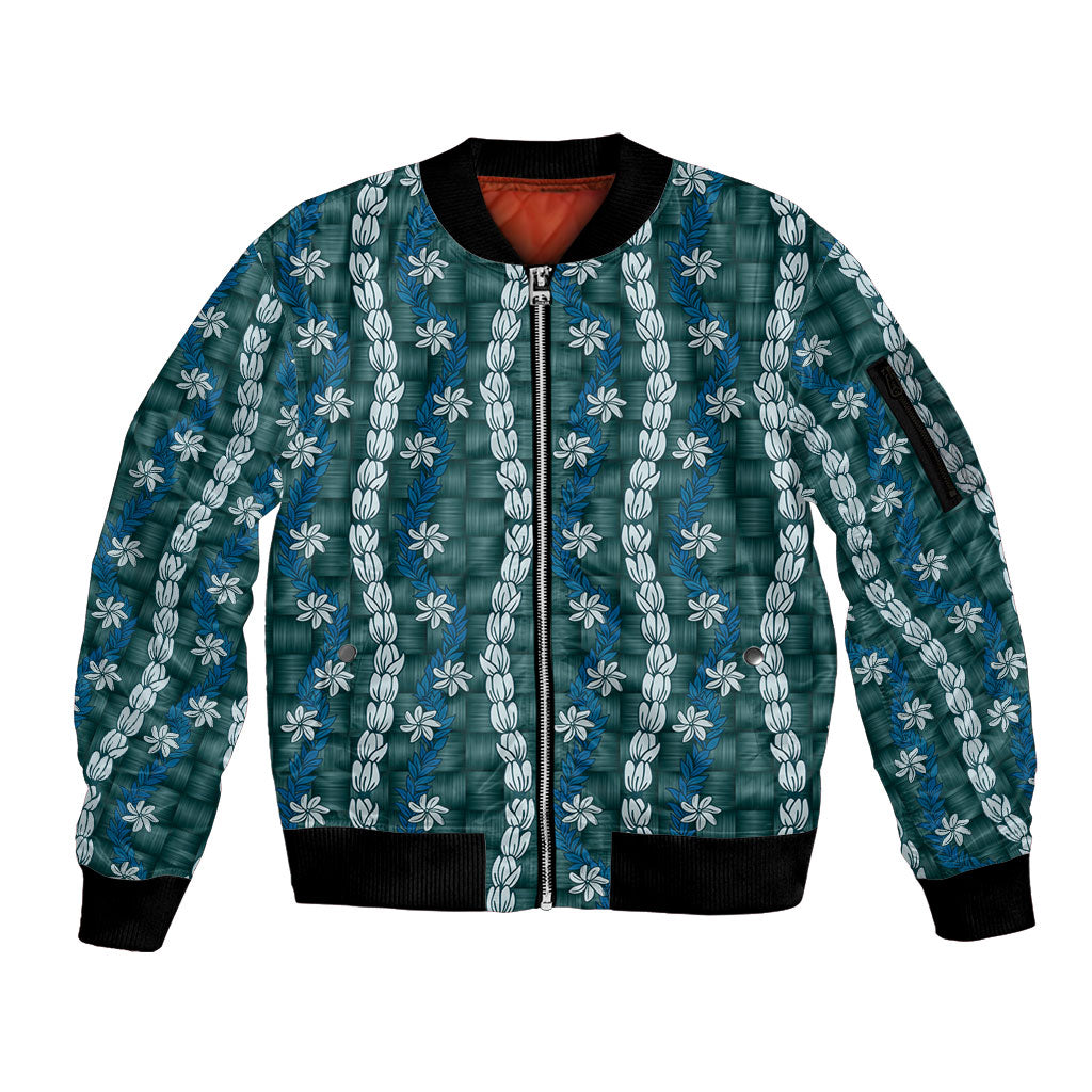 Pikake Maile Tiare Lei Sleeve Zip Bomber Jacket Polu Lauhala Pattern