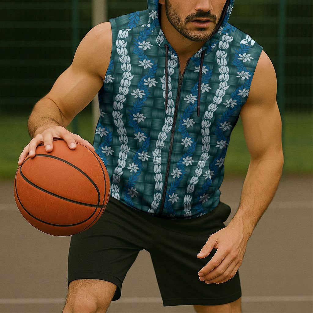 Pikake Maile Tiare Lei Sleeveless Zip Hoodie Polu Lauhala Pattern