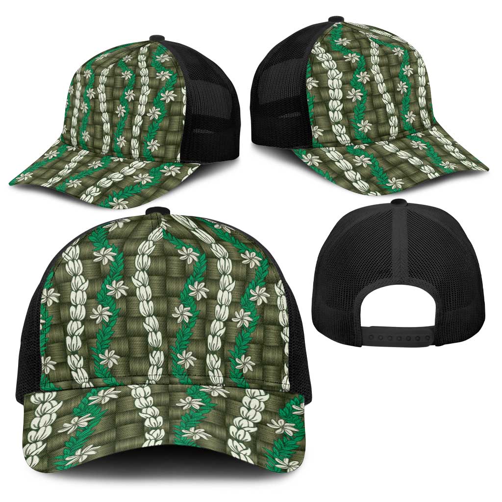 Pikake Maile Tiare Lei Baseball Net Cap Omaomao Lauhala Pattern