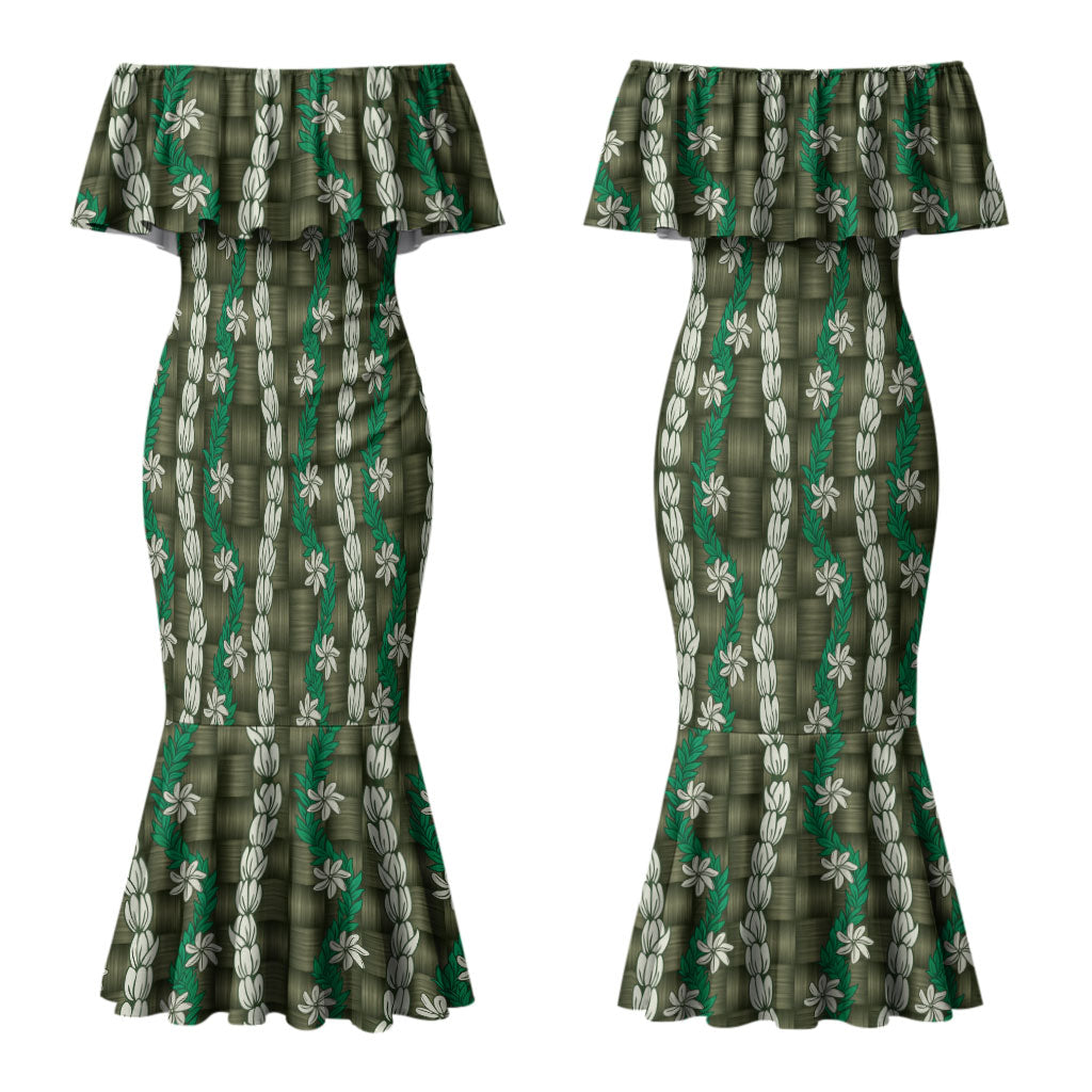 Pikake Maile Tiare Lei Couples Matching Mermaid Dress and Hawaiian Shirt Omaomao Lauhala Pattern LT01 - Polynesian Pride