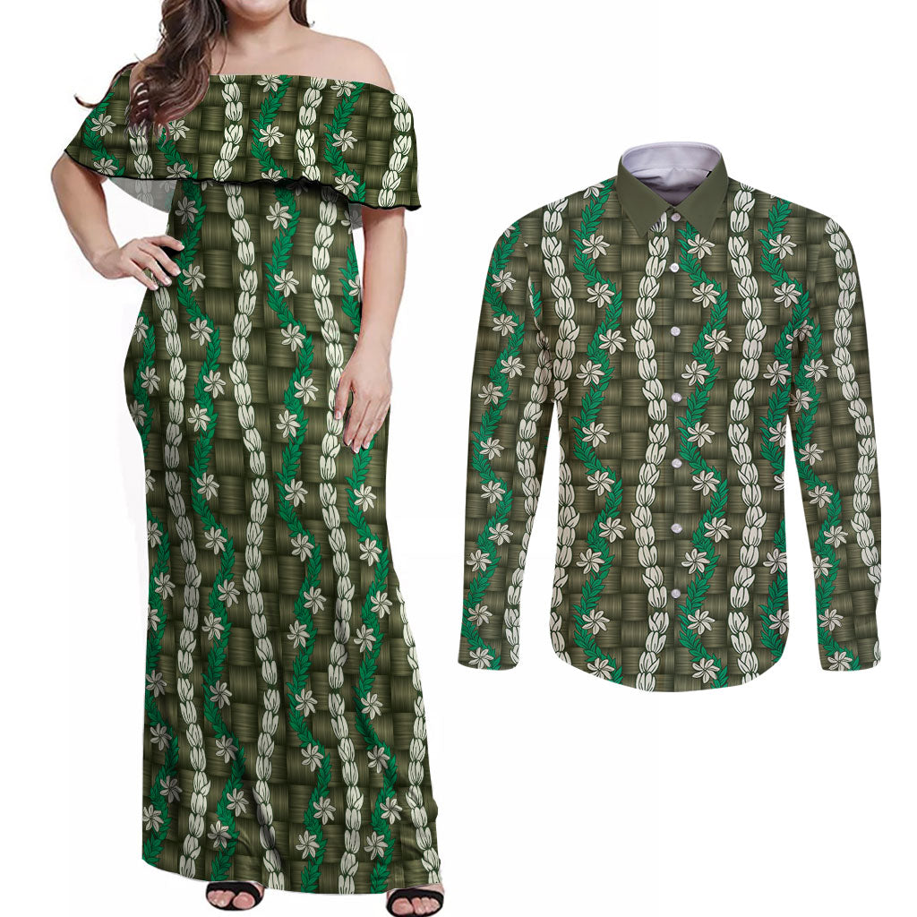 Pikake Maile Tiare Lei Couples Matching Off Shoulder Maxi Dress and Long Sleeve Button Shirt Omaomao Lauhala Pattern