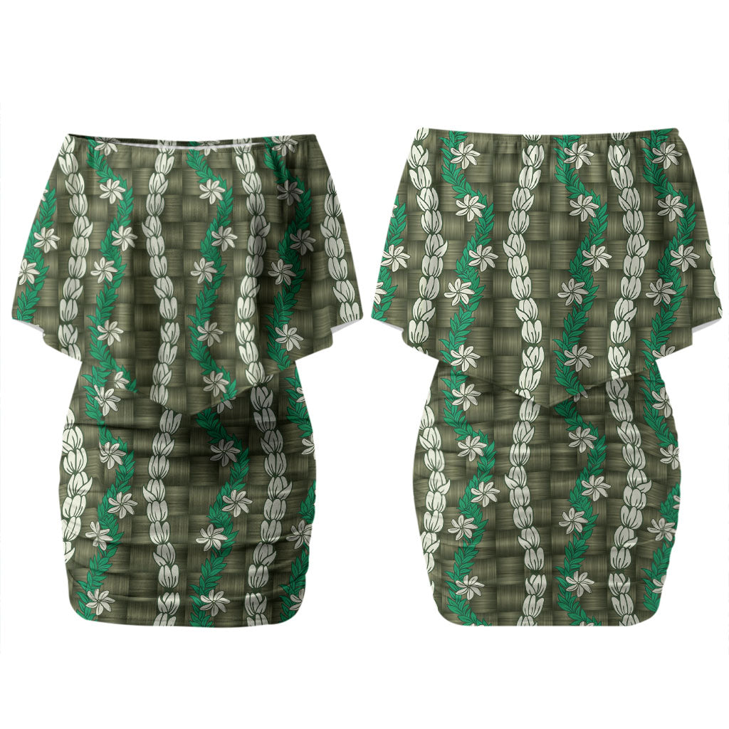 Pikake Maile Tiare Lei Couples Matching Off Shoulder Short Dress and Long Sleeve Button Shirt Omaomao Lauhala Pattern LT01 - Polynesian Pride