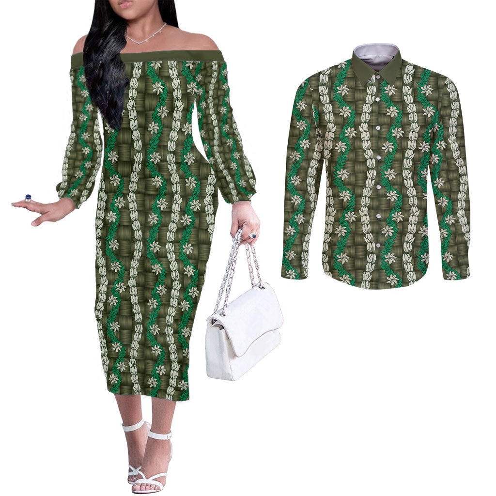 Pikake Maile Tiare Lei Couples Matching Off The Shoulder Long Sleeve Dress and Long Sleeve Button Shirt Omaomao Lauhala Pattern