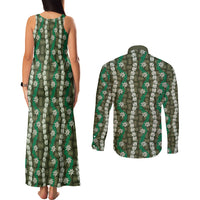 Pikake Maile Tiare Lei Couples Matching Tank Maxi Dress and Long Sleeve Button Shirt Omaomao Lauhala Pattern