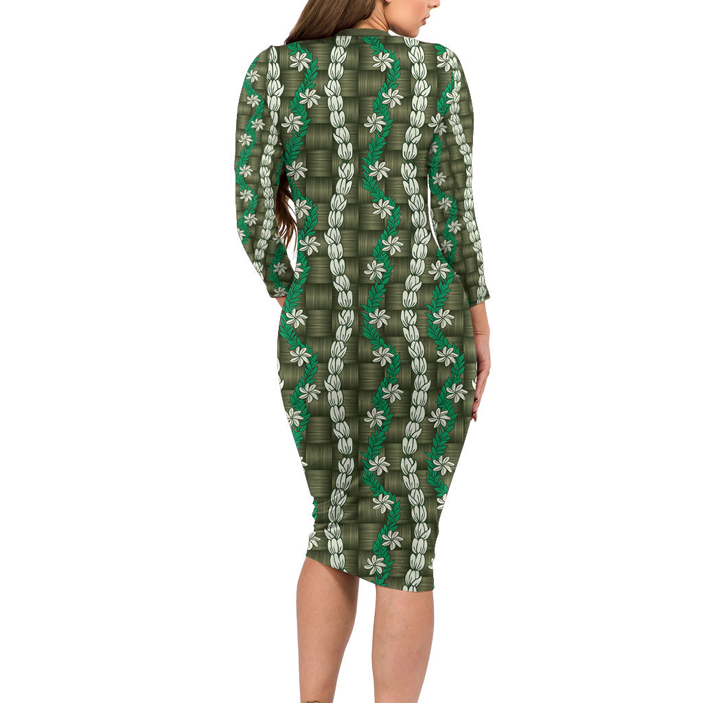 Pikake Maile Tiare Lei Family Matching Long Sleeve Bodycon Dress and Hawaiian Shirt Omaomao Lauhala Pattern LT01 - Polynesian Pride