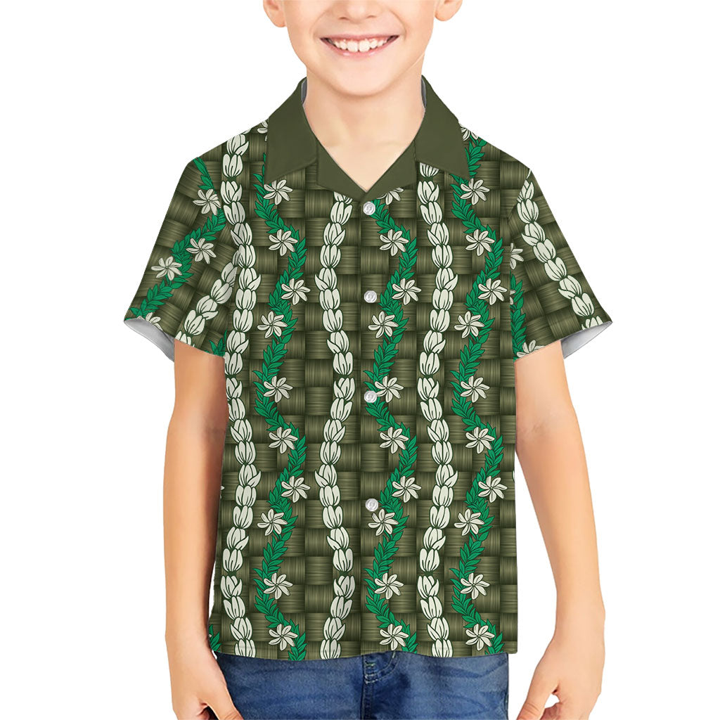 Pikake Maile Tiare Lei Family Matching Long Sleeve Bodycon Dress and Hawaiian Shirt Omaomao Lauhala Pattern LT01 Son's Shirt Green - Polynesian Pride