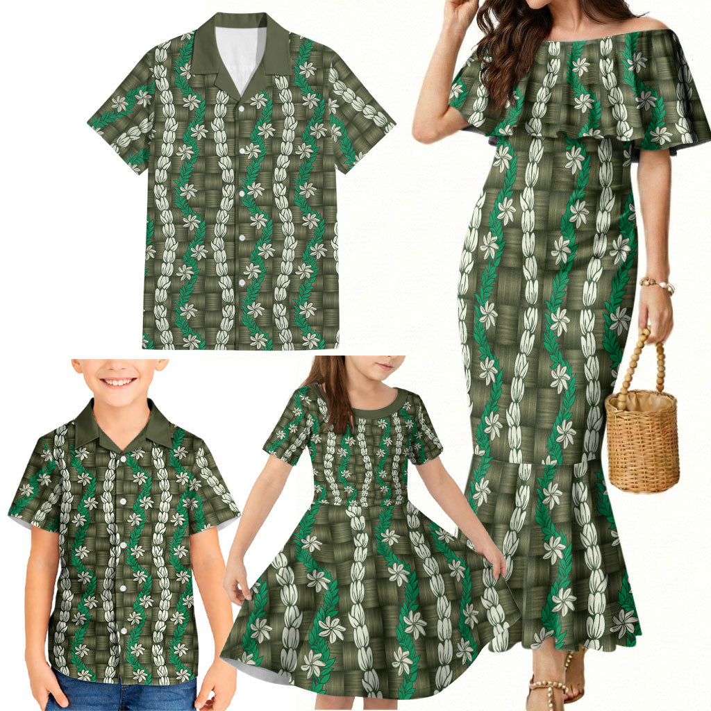 Pikake Maile Tiare Lei Family Matching Mermaid Dress and Hawaiian Shirt Omaomao Lauhala Pattern LT01 - Polynesian Pride