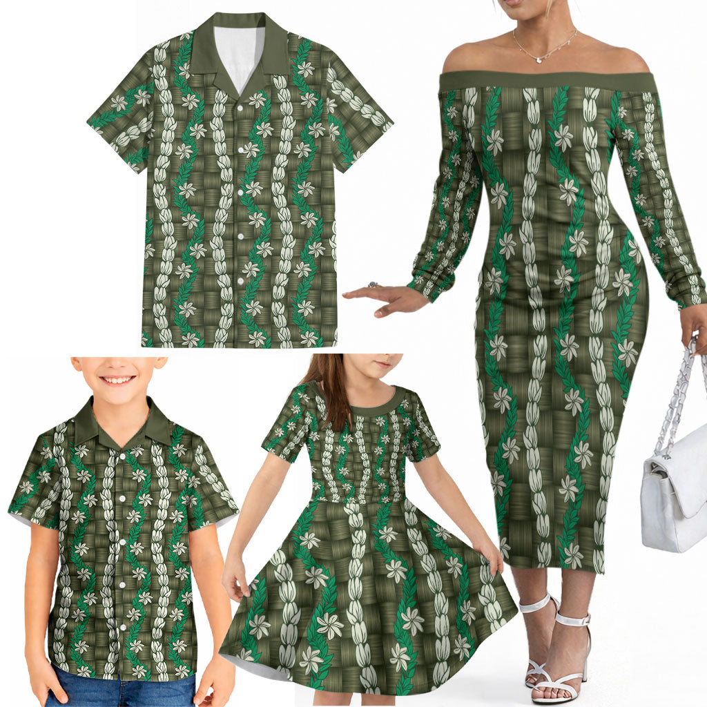 Pikake Maile Tiare Lei Family Matching Off The Shoulder Long Sleeve Dress and Hawaiian Shirt Omaomao Lauhala Pattern LT01 - Polynesian Pride