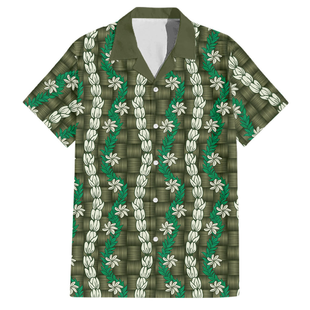Pikake Maile Tiare Lei Family Matching Off The Shoulder Long Sleeve Dress and Hawaiian Shirt Omaomao Lauhala Pattern LT01 Dad's Shirt - Short Sleeve Green - Polynesian Pride