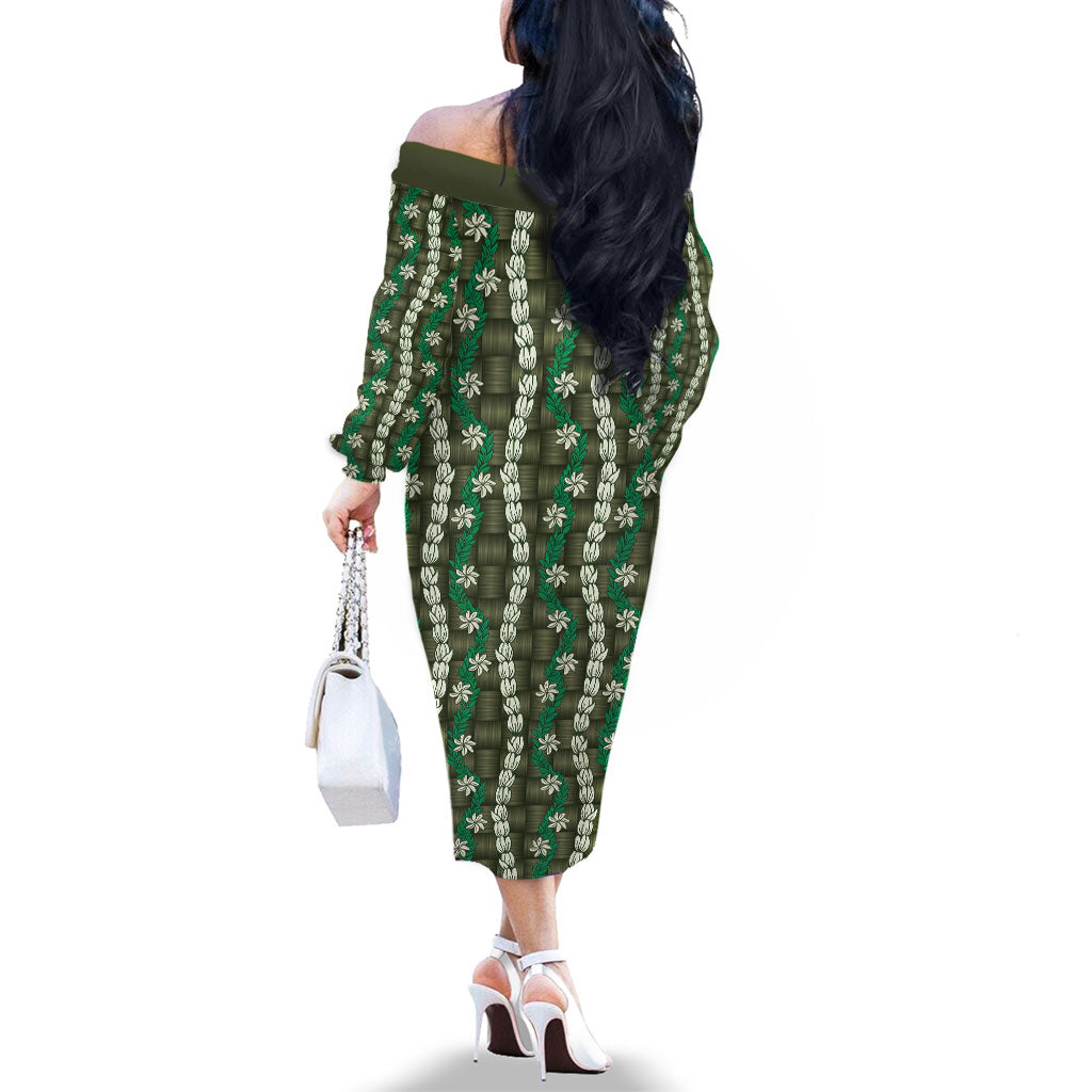 Pikake Maile Tiare Lei Family Matching Off The Shoulder Long Sleeve Dress and Hawaiian Shirt Omaomao Lauhala Pattern LT01 - Polynesian Pride