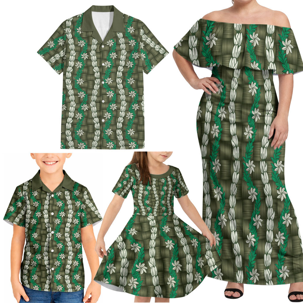 Pikake Maile Tiare Lei Family Matching Off Shoulder Maxi Dress and Hawaiian Shirt Omaomao Lauhala Pattern LT01 - Polynesian Pride