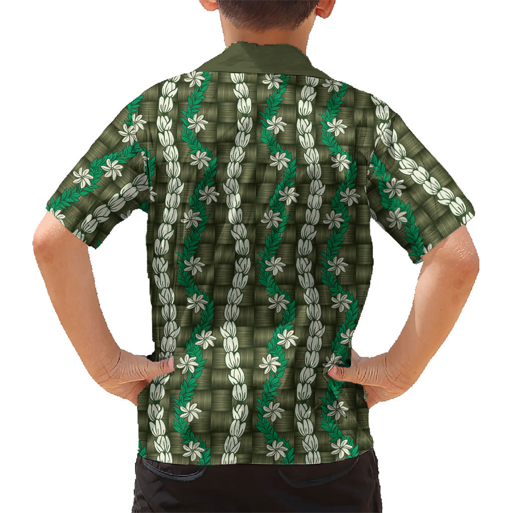 Pikake Maile Tiare Lei Family Matching Off Shoulder Short Dress and Hawaiian Shirt Omaomao Lauhala Pattern