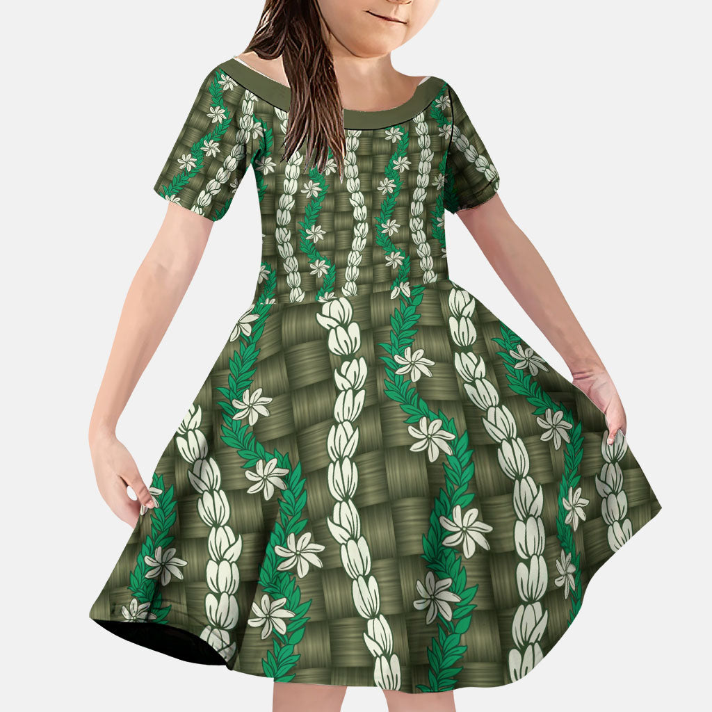 Pikake Maile Tiare Lei Family Matching Off Shoulder Short Dress and Hawaiian Shirt Omaomao Lauhala Pattern