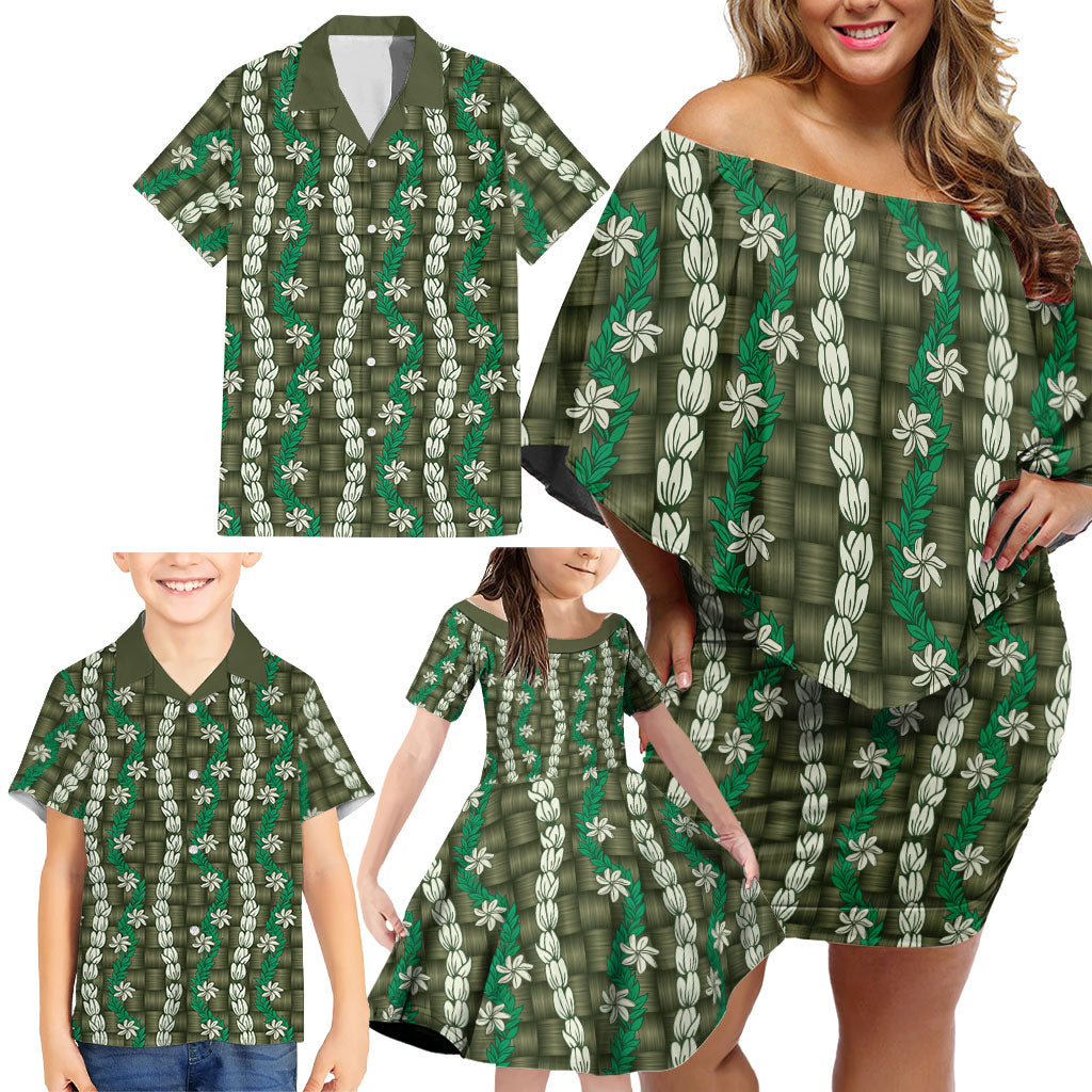 Pikake Maile Tiare Lei Family Matching Off Shoulder Short Dress and Hawaiian Shirt Omaomao Lauhala Pattern