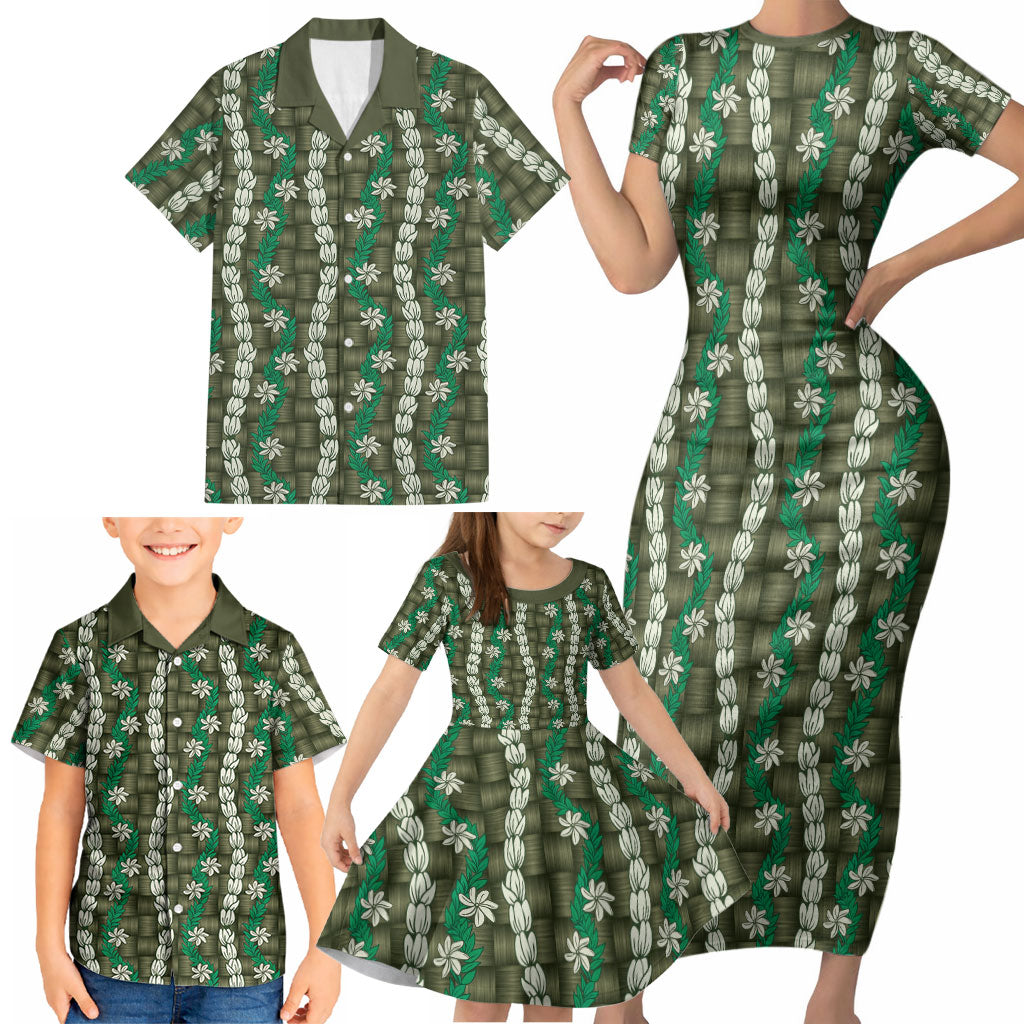Pikake Maile Tiare Lei Family Matching Short Sleeve Bodycon Dress and Hawaiian Shirt Omaomao Lauhala Pattern LT01 - Polynesian Pride