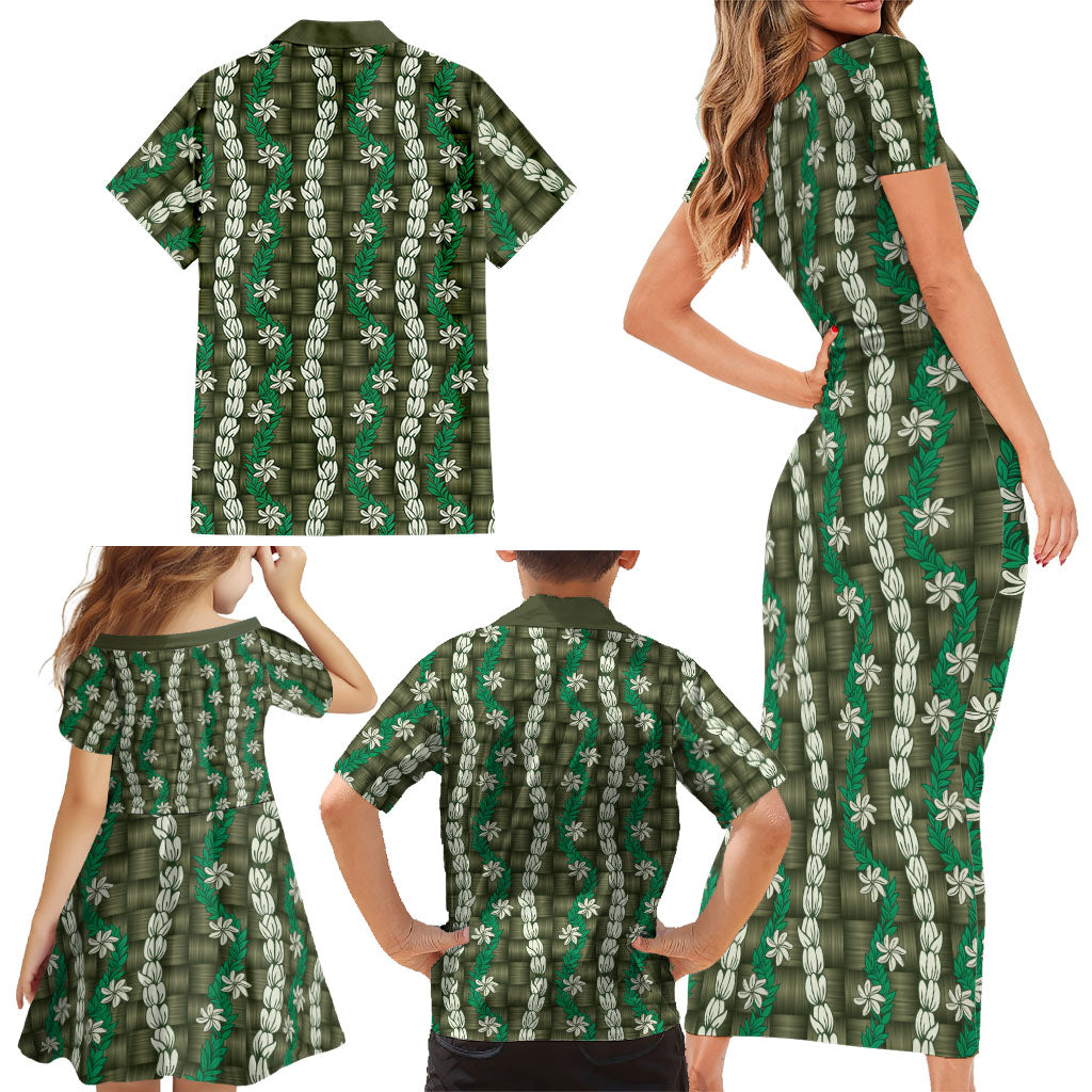 Pikake Maile Tiare Lei Family Matching Short Sleeve Bodycon Dress and Hawaiian Shirt Omaomao Lauhala Pattern LT01 - Polynesian Pride