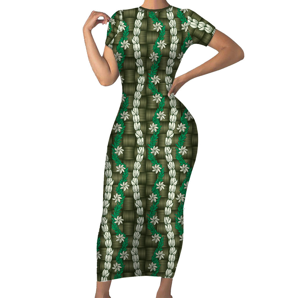 Pikake Maile Tiare Lei Family Matching Short Sleeve Bodycon Dress and Hawaiian Shirt Omaomao Lauhala Pattern LT01 Mom's Dress Green - Polynesian Pride