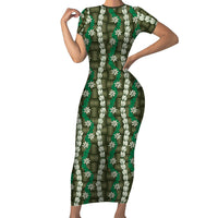 Pikake Maile Tiare Lei Family Matching Short Sleeve Bodycon Dress and Hawaiian Shirt Omaomao Lauhala Pattern LT01 Mom's Dress Green - Polynesian Pride