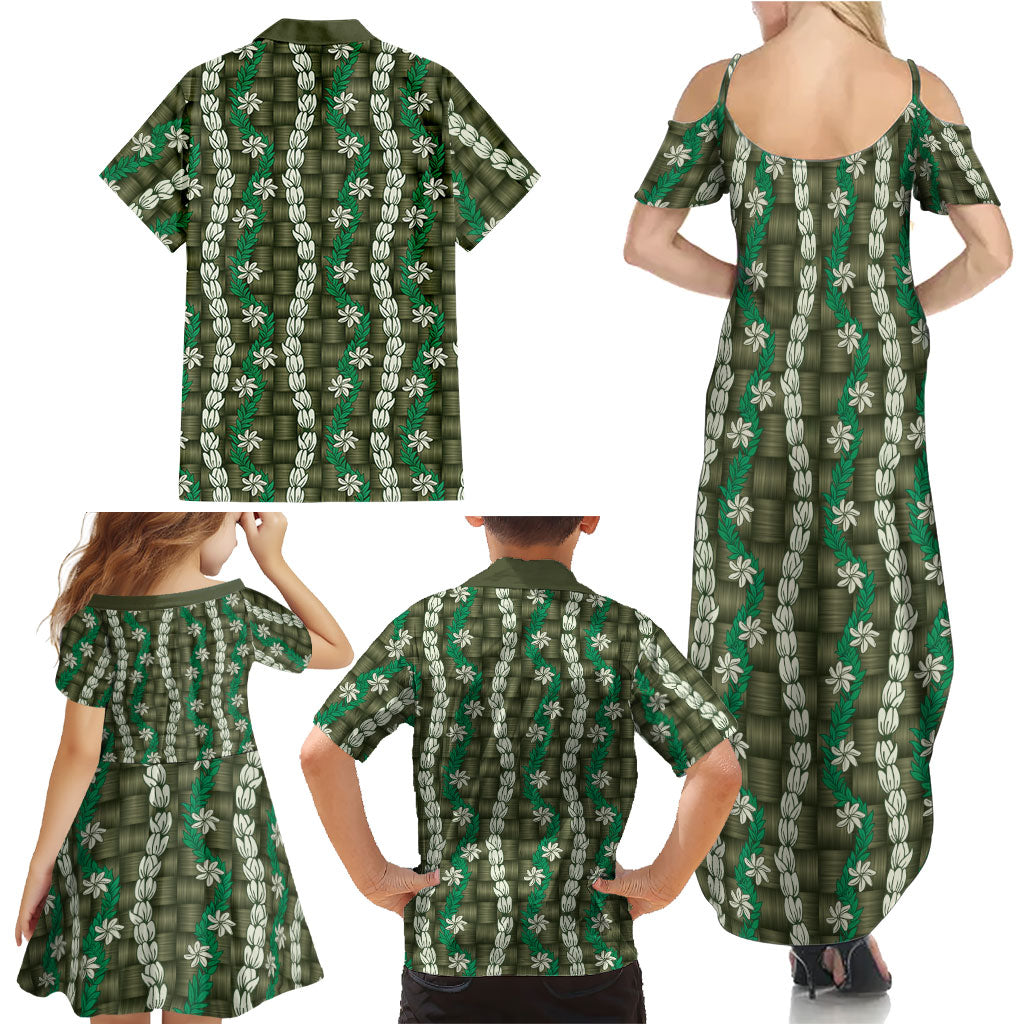Pikake Maile Tiare Lei Family Matching Summer Maxi Dress and Hawaiian Shirt Omaomao Lauhala Pattern