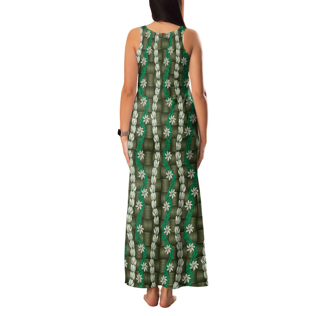 Pikake Maile Tiare Lei Family Matching Tank Maxi Dress and Hawaiian Shirt Omaomao Lauhala Pattern