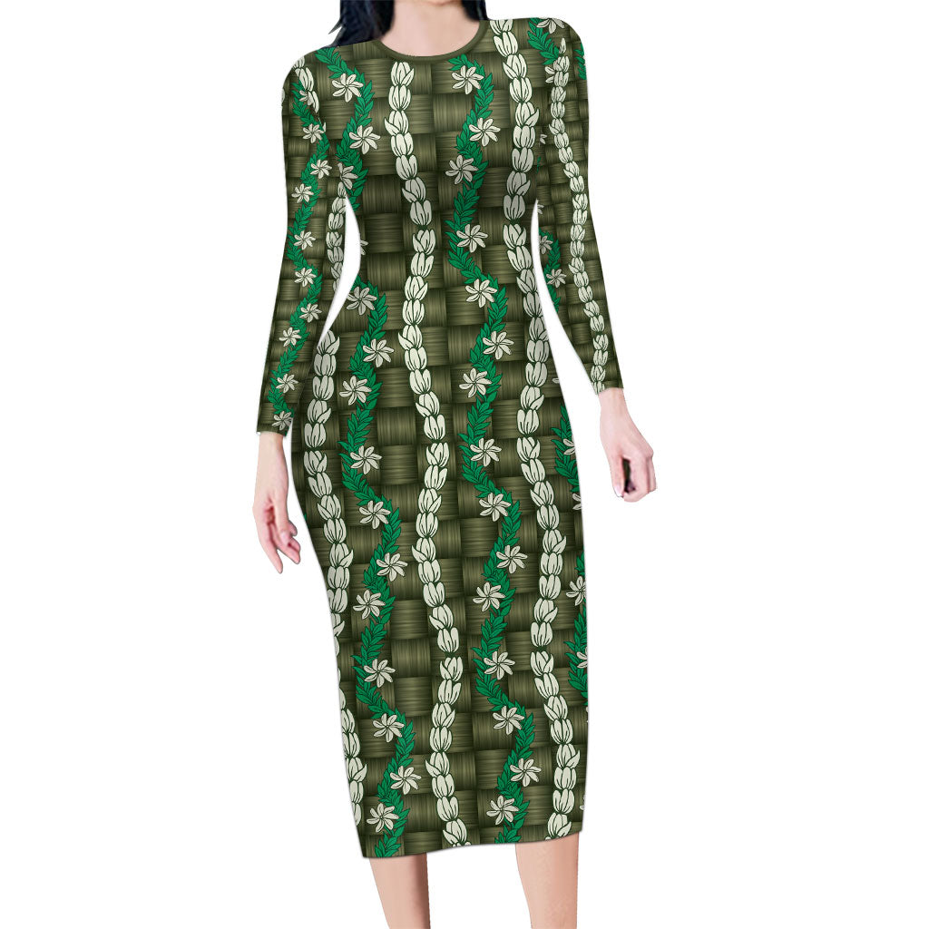 Pikake Maile Tiare Lei Long Sleeve Bodycon Dress Omaomao Lauhala Pattern