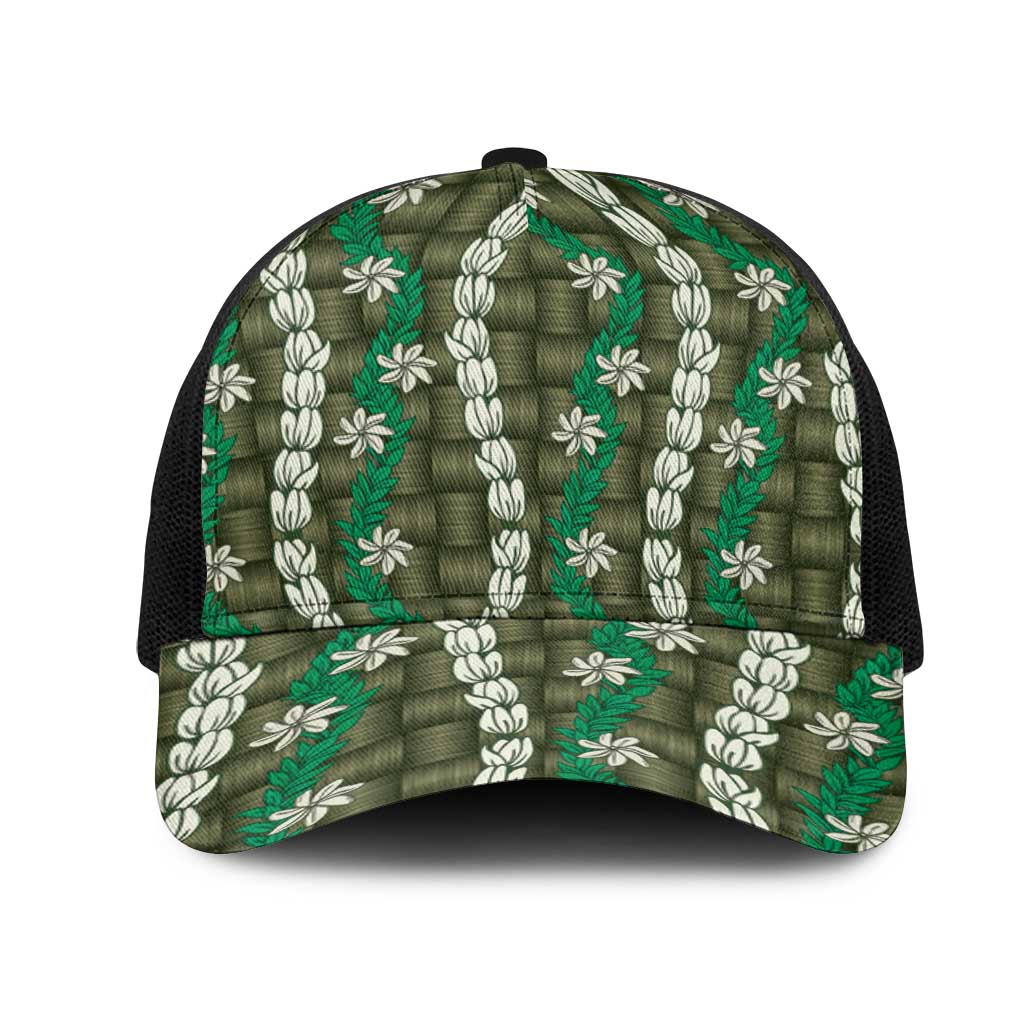 Pikake Maile Tiare Lei Mesh Trucker Cap Omaomao Lauhala Pattern