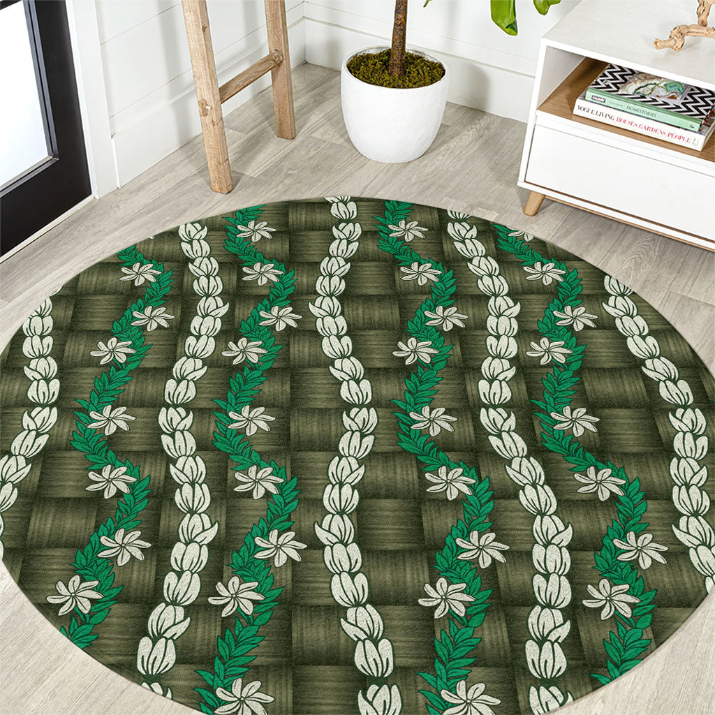 Pikake Maile Tiare Lei Round Carpet Omaomao Lauhala Pattern LT01 Green - Polynesian Pride