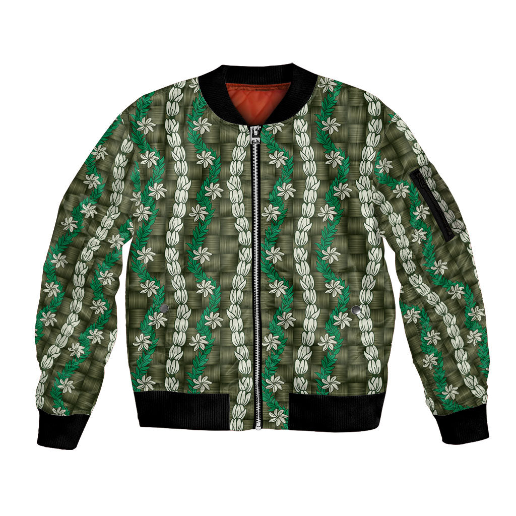 Pikake Maile Tiare Lei Sleeve Zip Bomber Jacket Omaomao Lauhala Pattern