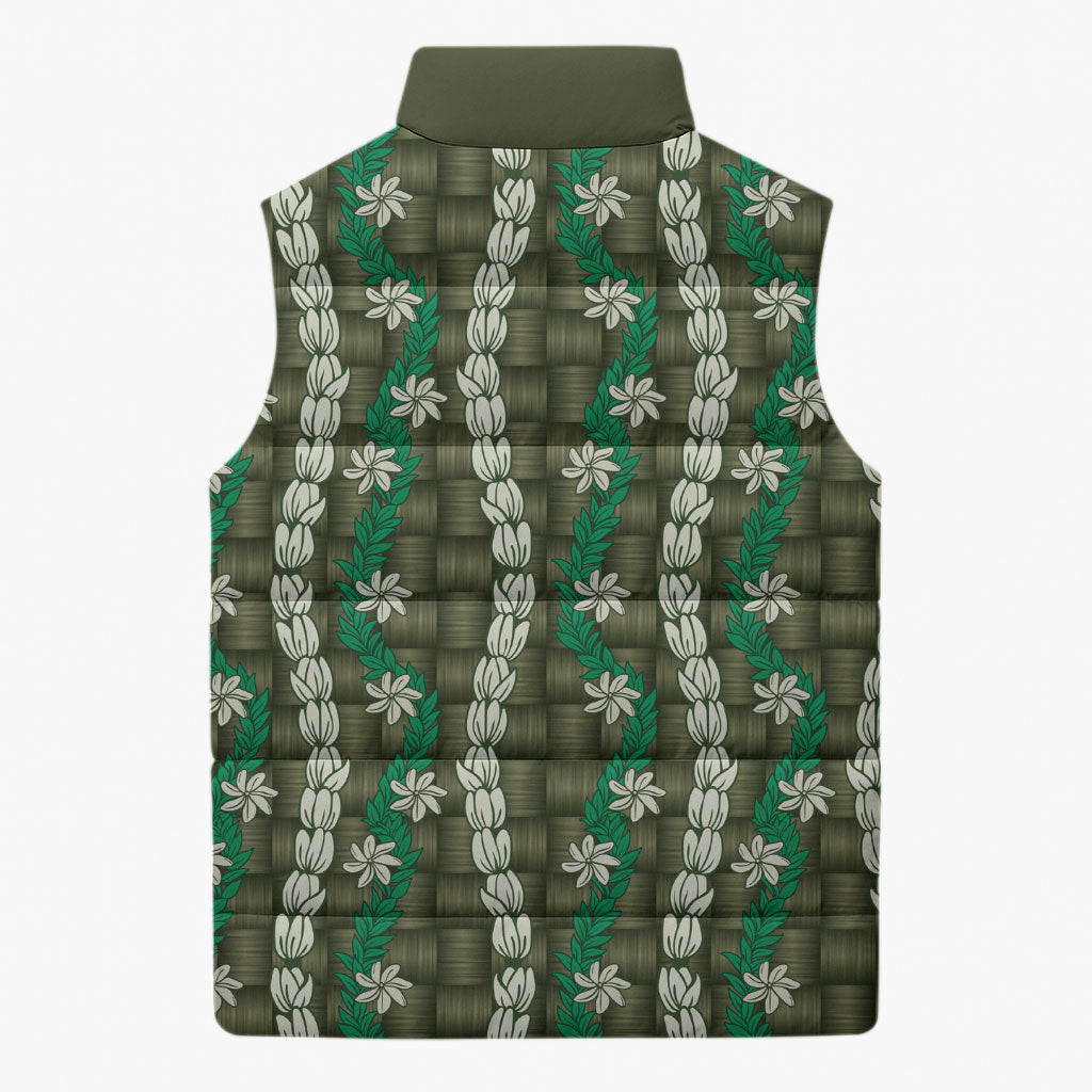 Pikake Maile Tiare Lei Sleeveless Puffer Jacket Omaomao Lauhala Pattern