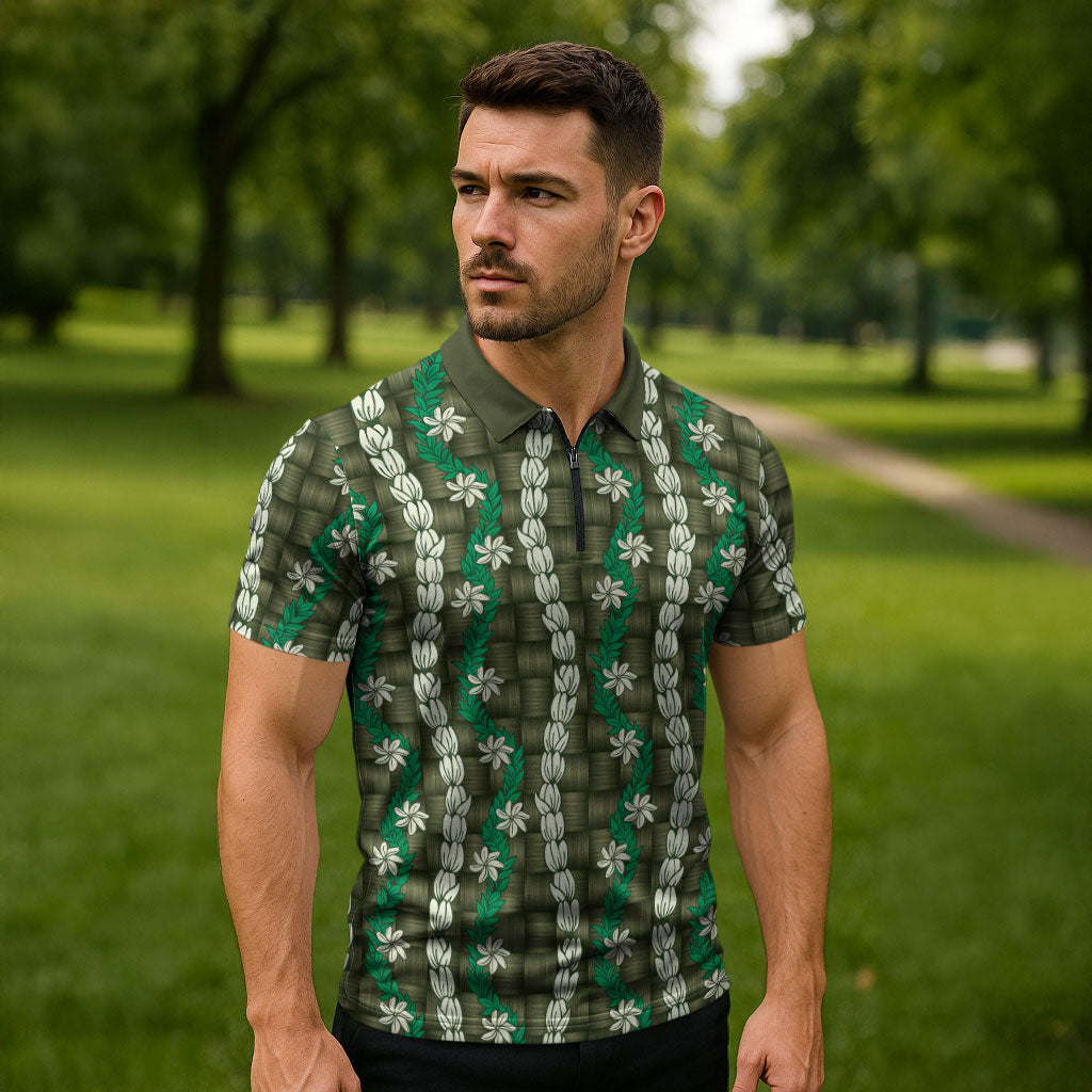 Pikake Maile Tiare Lei Zipper Polo Shirt Omaomao Lauhala Pattern