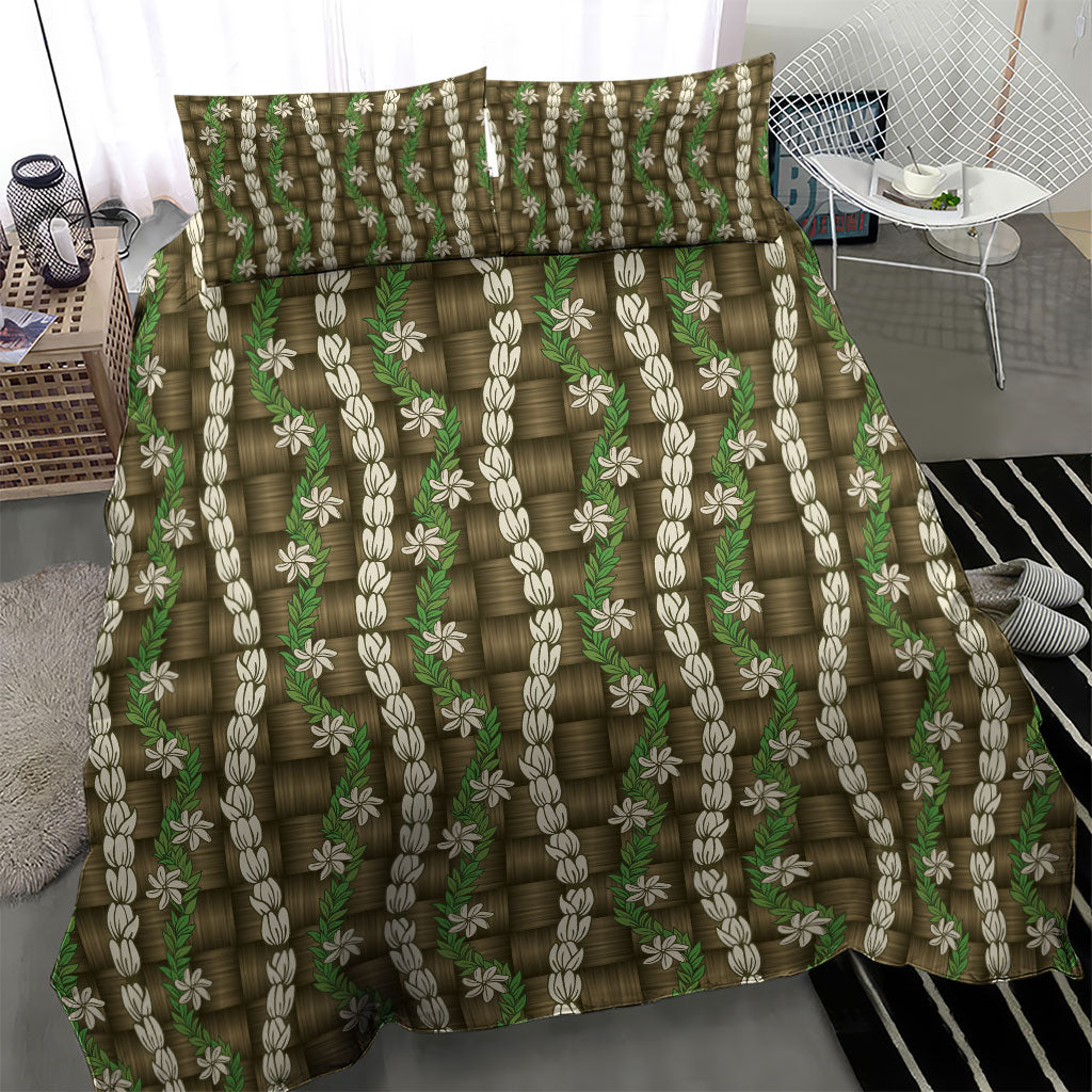 Pikake Maile Tiare Lei Bedding Set Natural Lauhala Pattern