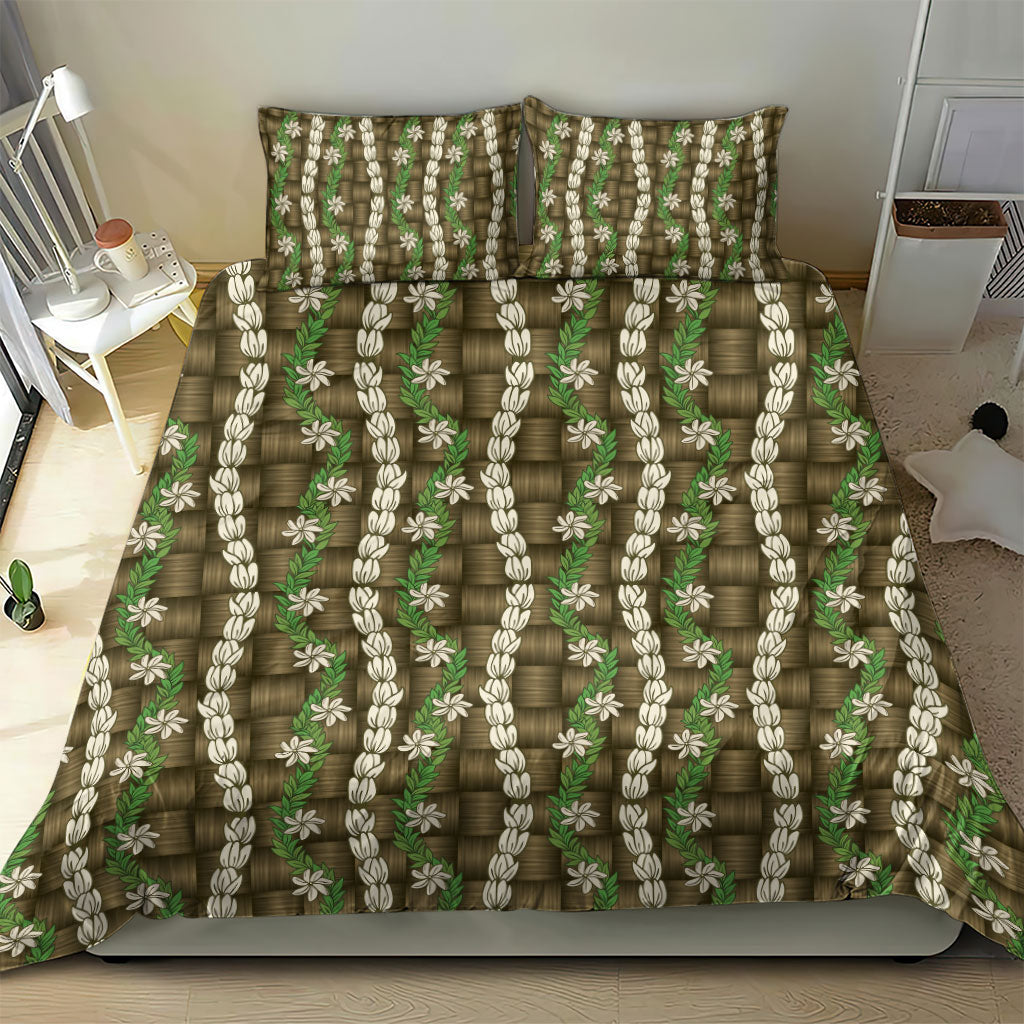 Pikake Maile Tiare Lei Bedding Set Natural Lauhala Pattern