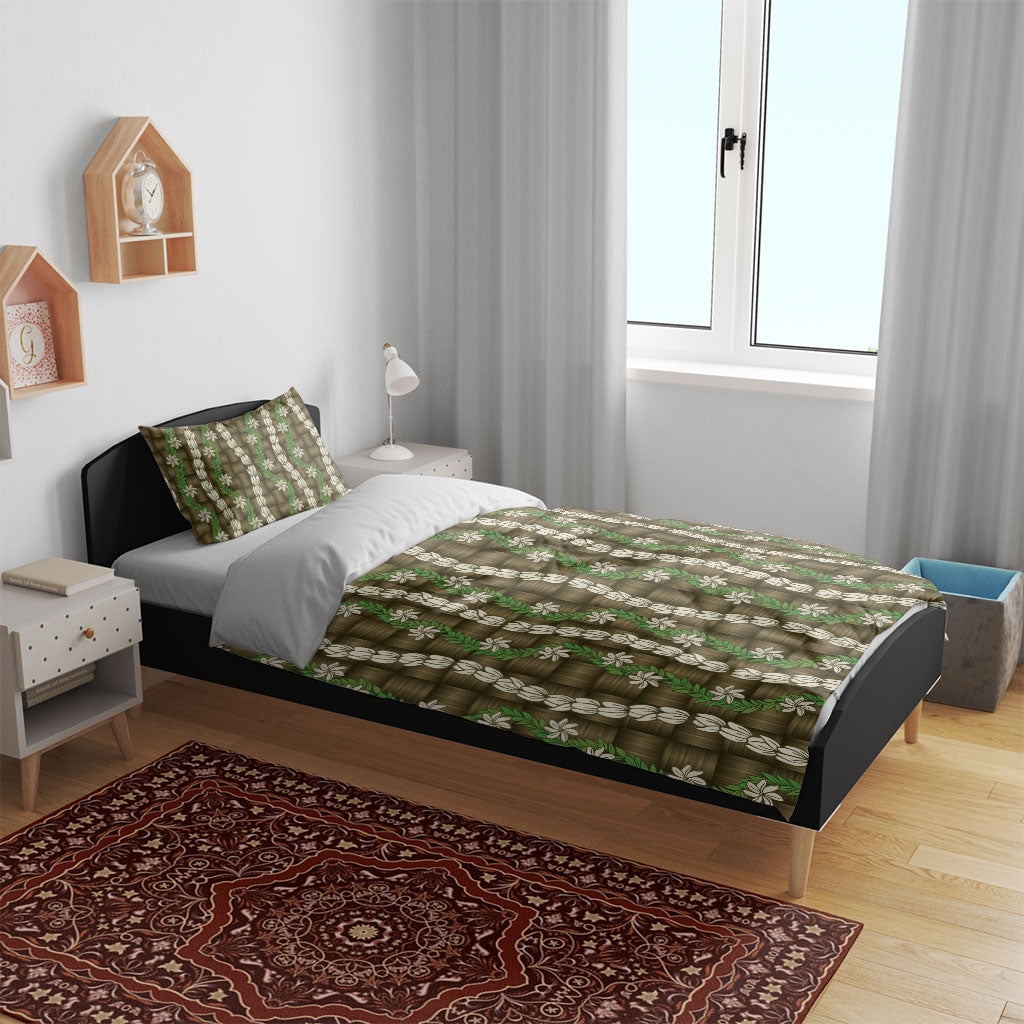 Pikake Maile Tiare Lei Bedding Set Natural Lauhala Pattern