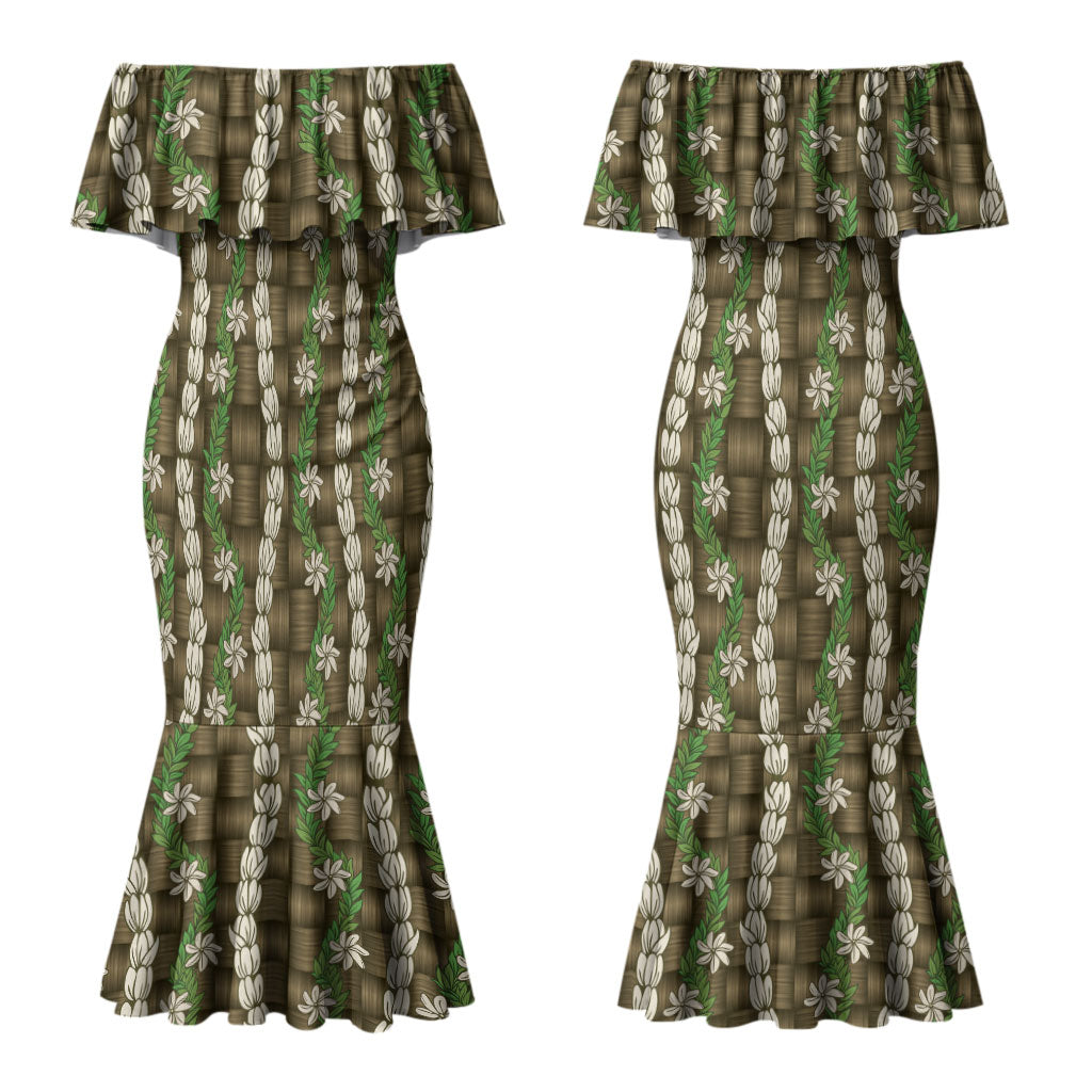 Pikake Maile Tiare Lei Couples Matching Mermaid Dress and Hawaiian Shirt Natural Lauhala Pattern LT01 - Polynesian Pride