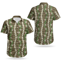 Pikake Maile Tiare Lei Couples Matching Off Shoulder Short Dress and Hawaiian Shirt Natural Lauhala Pattern LT01 - Polynesian Pride
