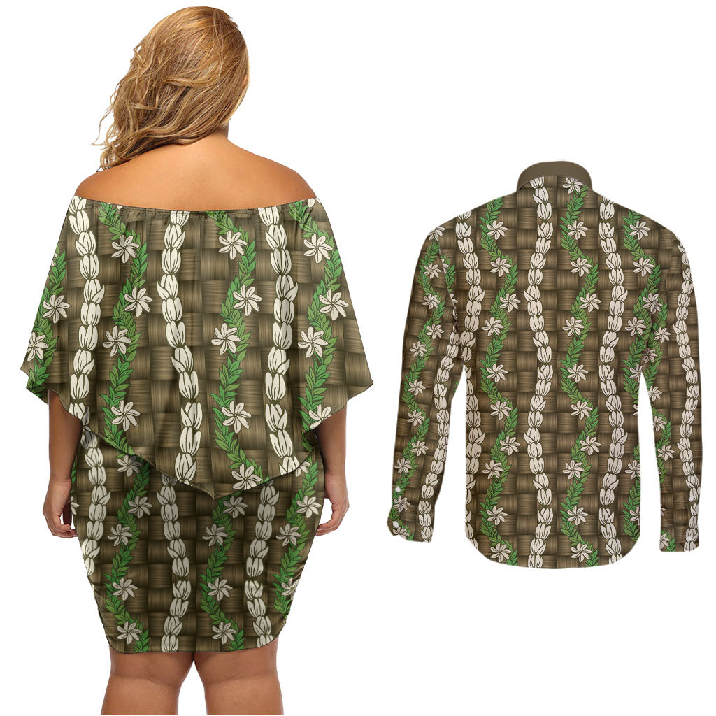 Pikake Maile Tiare Lei Couples Matching Off Shoulder Short Dress and Long Sleeve Button Shirt Natural Lauhala Pattern