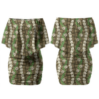 Pikake Maile Tiare Lei Couples Matching Off Shoulder Short Dress and Long Sleeve Button Shirt Natural Lauhala Pattern LT01 - Polynesian Pride